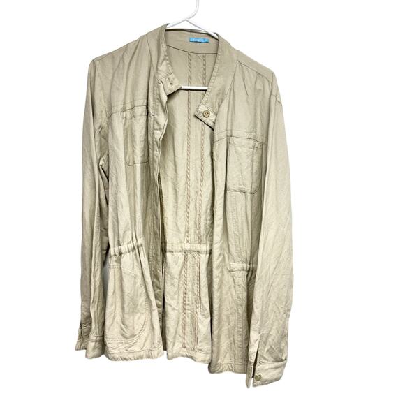 J. McLaughlin Khaki Vista Linen Blend Sky Button Up Snatched Waisted Jacket L - Picture 1 of 3